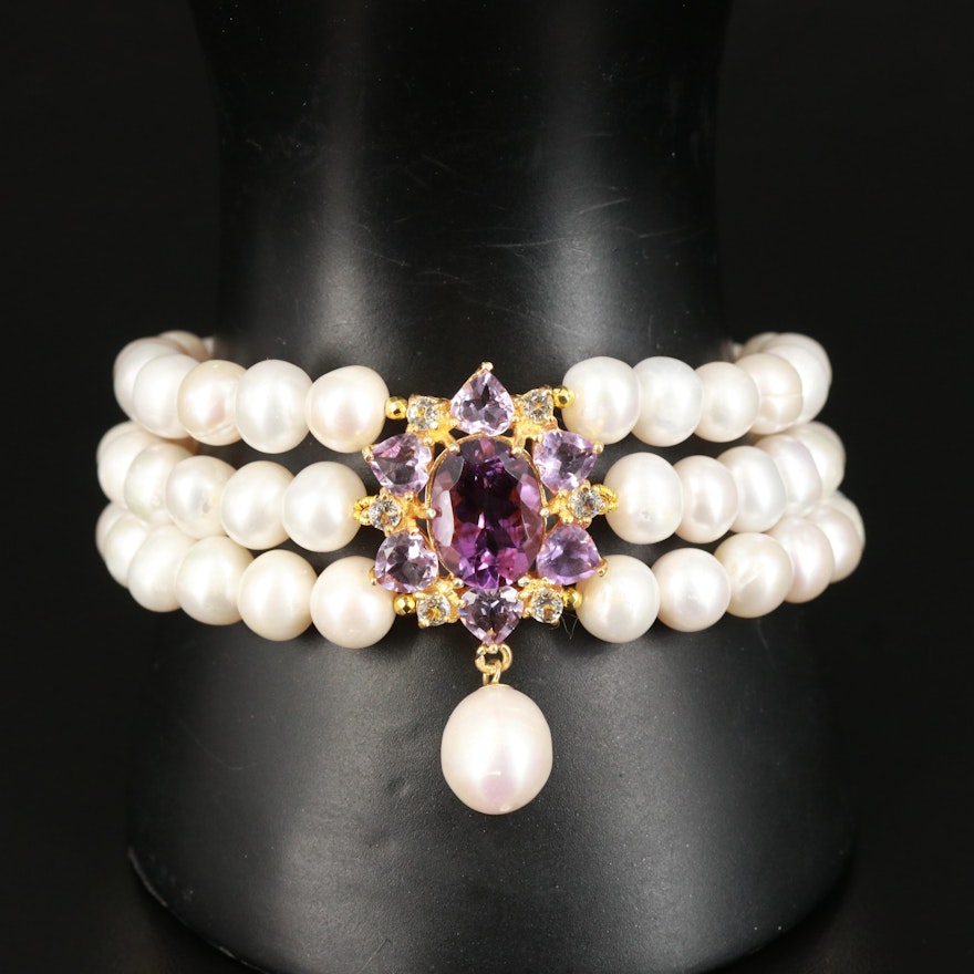 Sterling Pearl Multi-Strand Bracelet with Amethyst and Topaz