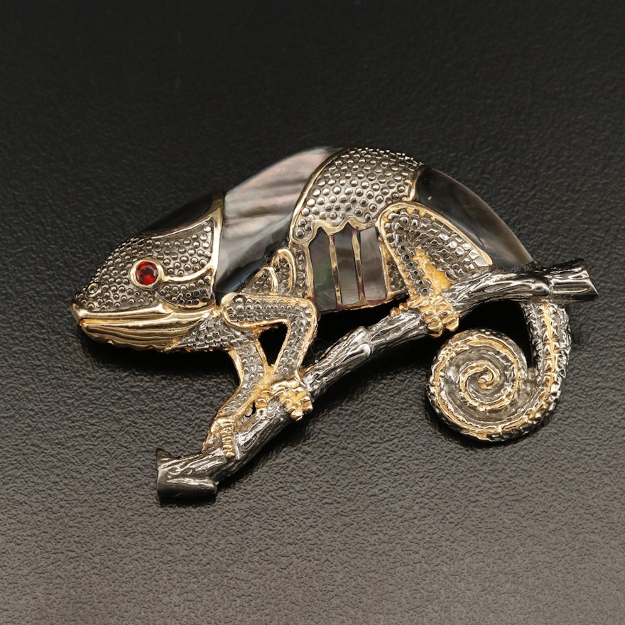 Sterling Mother of Pearl, Garnet and Mother of Pearl Chameleon Converter Brooch