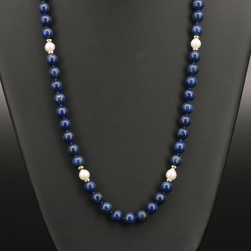 Lapis Lazuli Bead Necklace with Pearl and 14K Spacer Beads
