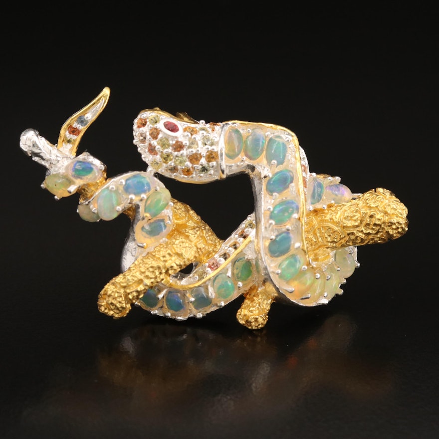 Sterling Opal and Sapphire Snake Brooch