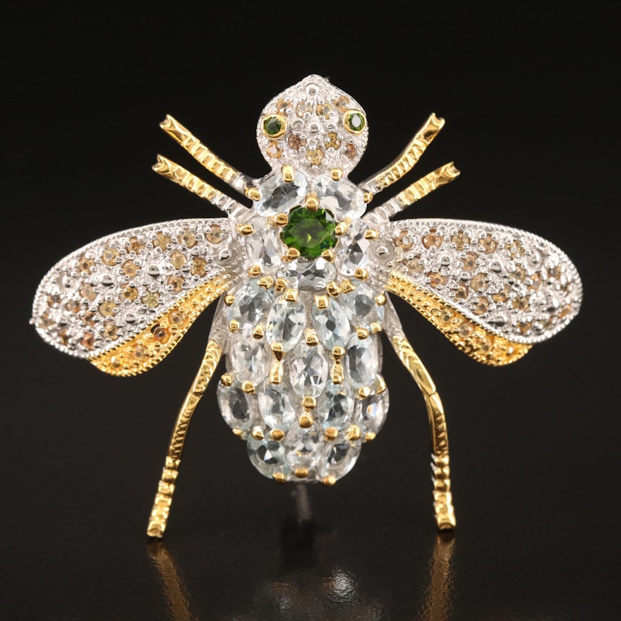 Sterling Aquamarine, Diopside and Sapphire Insect Brooch