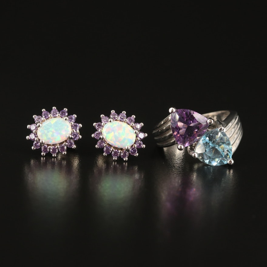 Sterling Ring and Earrings with Amethyst, Sky Blue Topaz and Opal