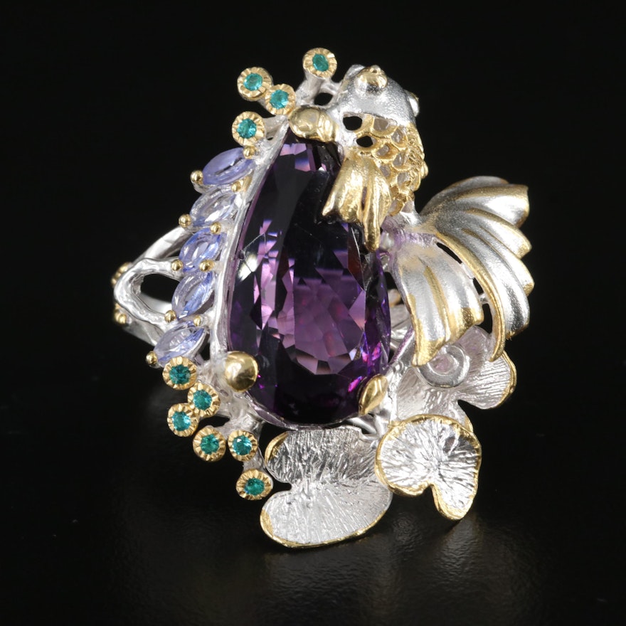 Sterling Koi with Lily Pad Ring with Amethyst, Tanzanite and Apatite