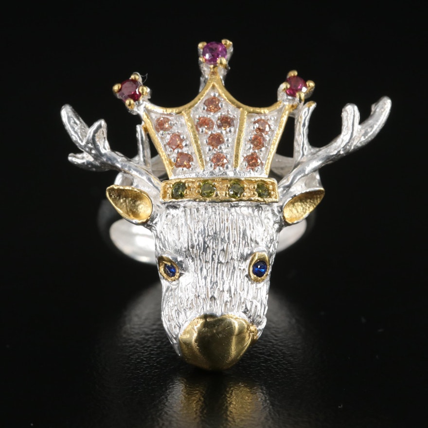 Sterling Garnet, Quartz and Gemstone Crowned Elk Ring