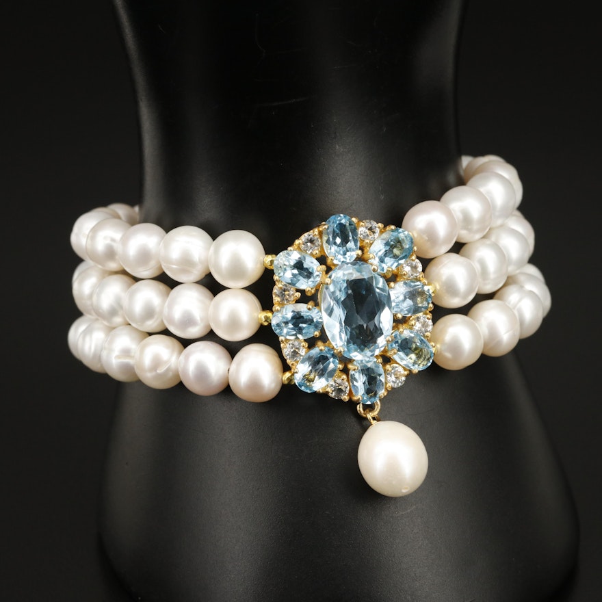 Sterling Pearl Multi-Row Bracelet with Swiss Blue and White Topaz