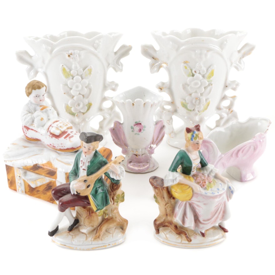 German Porcelain Vases, Figurines, and Trinket Box, Late 19th/ Early 20th C.
