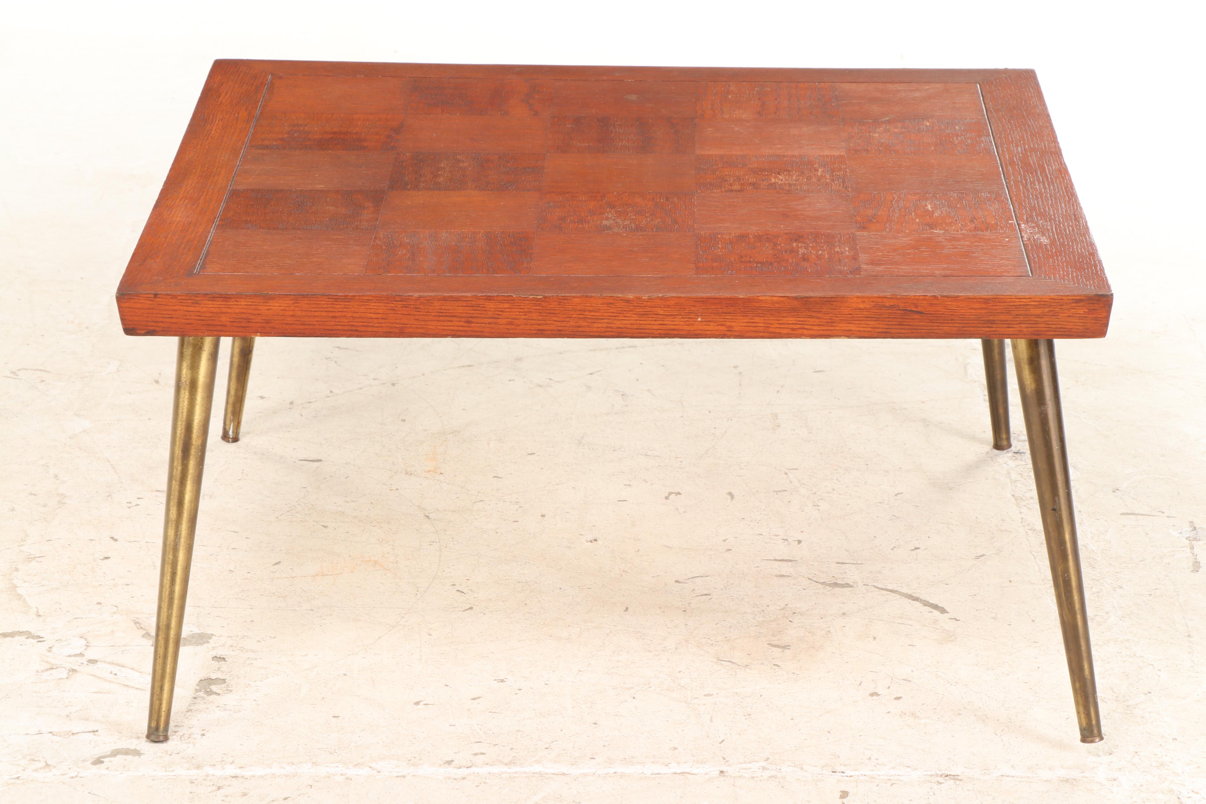 Lane Mid Century Modern Parquet Checkerboard Oak Coffee Table on Metal Legs
