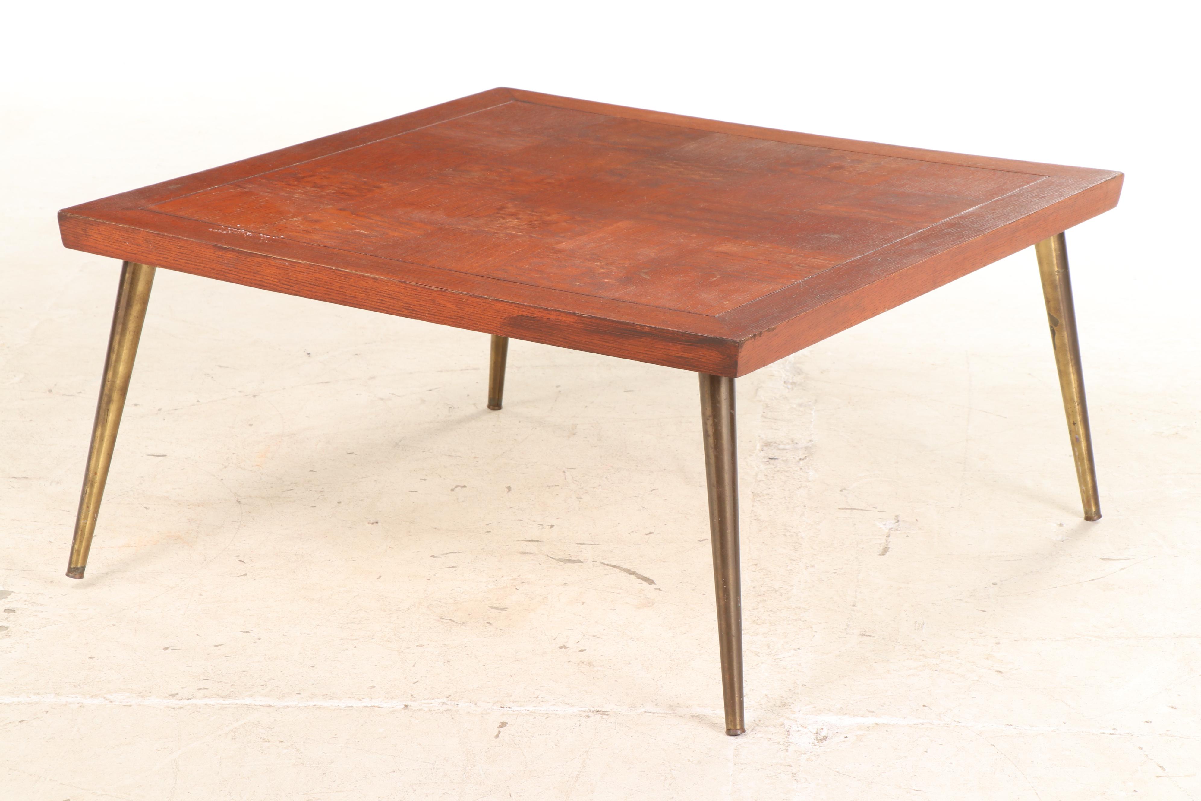 Lane Mid Century Modern Parquet Checkerboard Oak Coffee Table on Metal Legs