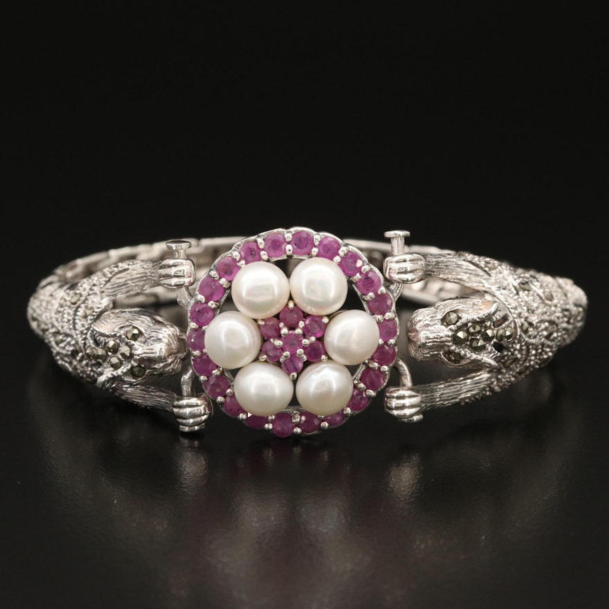 Sterling Pearl, Ruby and Marcasite Double Tiger Bracelet