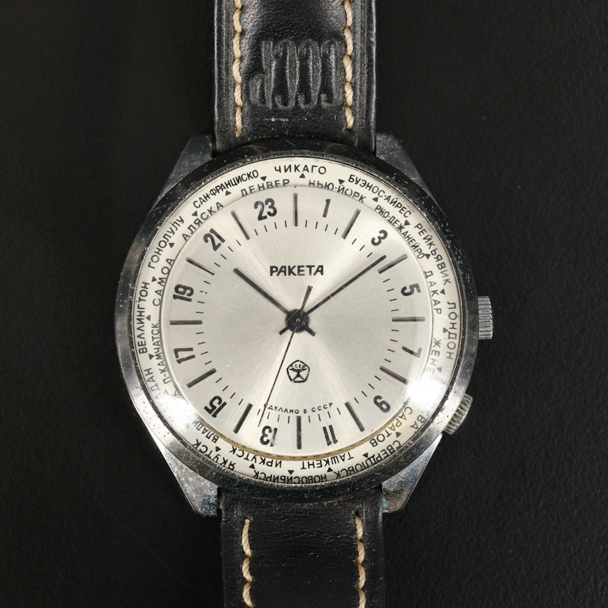 Raketa Soviet/Russian World Timer Stainless Steel Wristwatch
