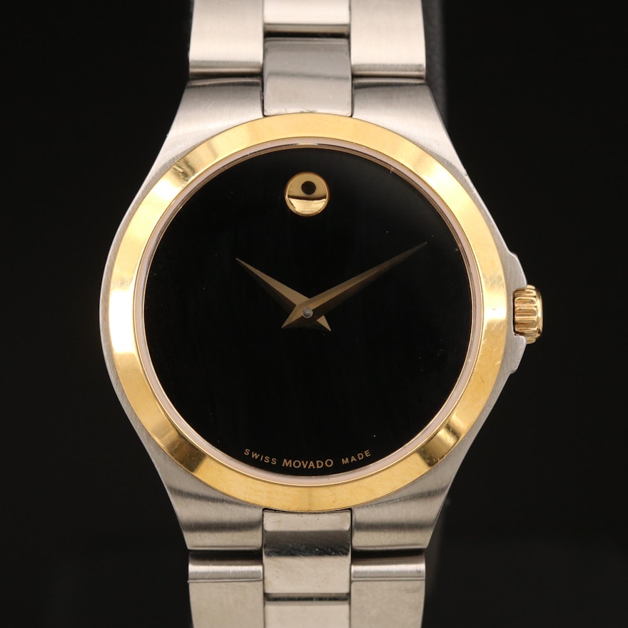 Movado Stainless Steel Quartz Wristwatch with Gold Tone Bezel