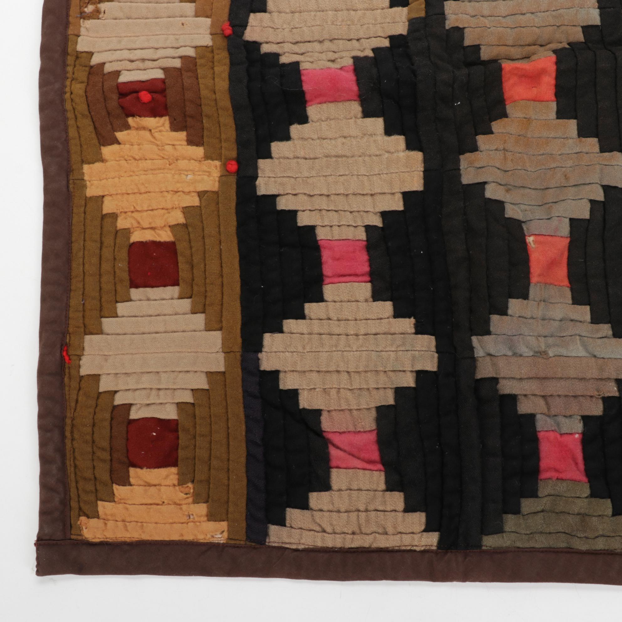 Handmade "Log Cabin" Crib Quilt and H. Kennedy Stoneware Bottle, Late 19th C.