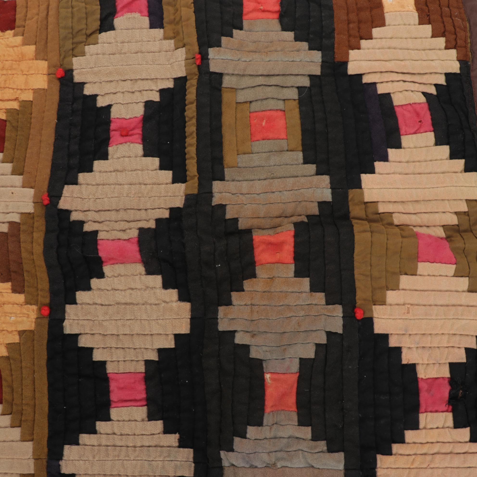 Handmade "Log Cabin" Crib Quilt and H. Kennedy Stoneware Bottle, Late 19th C.