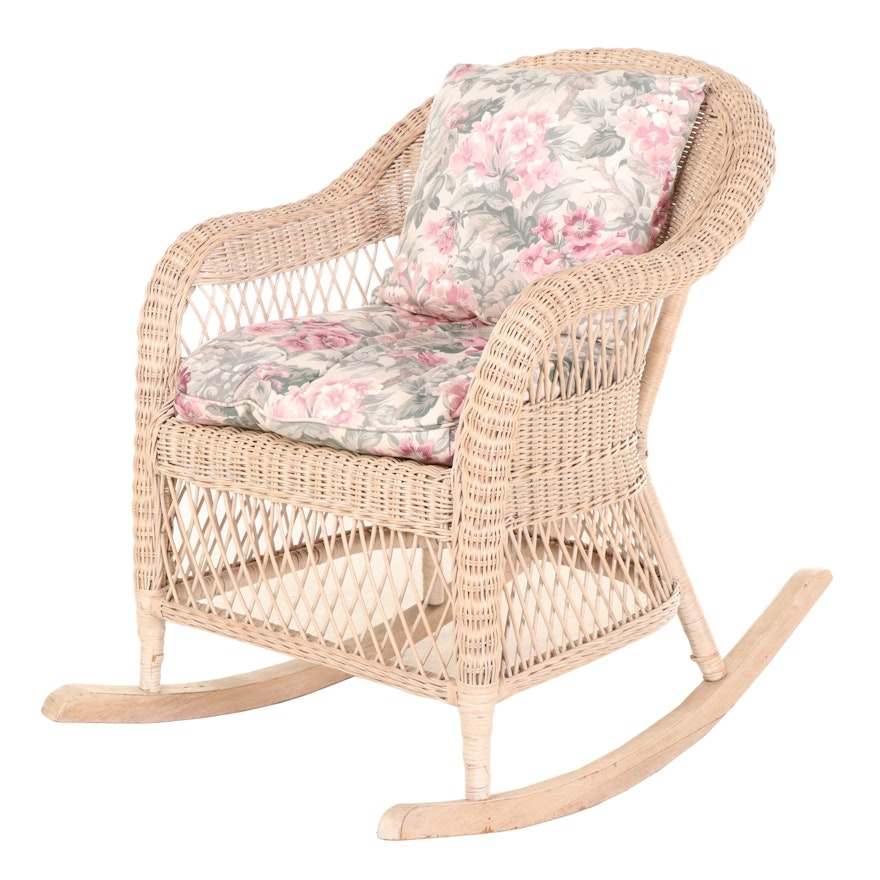 Wicker Rocking Chair with Floral Print Cushion and Pillow