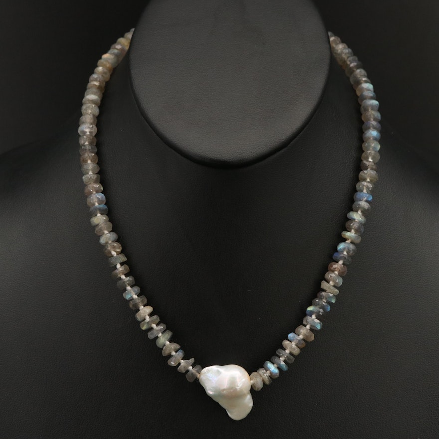 Labradorite Beaded Necklace with Pearl Pendant and Sterling Clasp