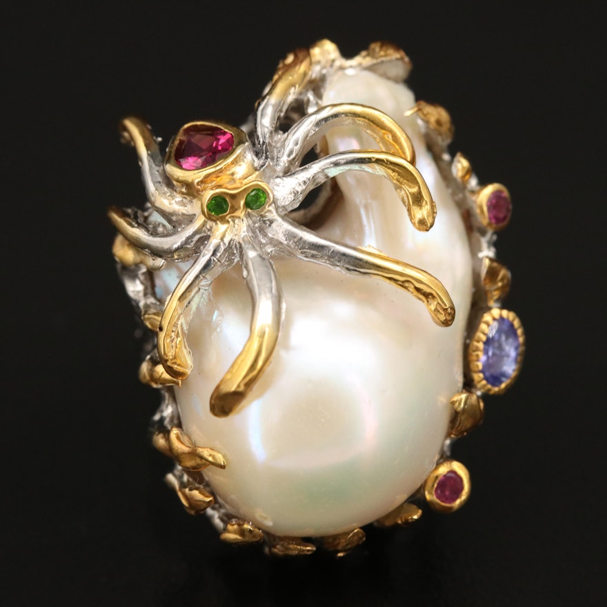 Sterling Pearl Octopus Ring with Garnet and Diopside
