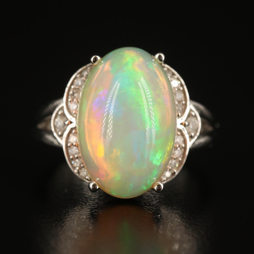 14K Opal and Diamond Oval Ring