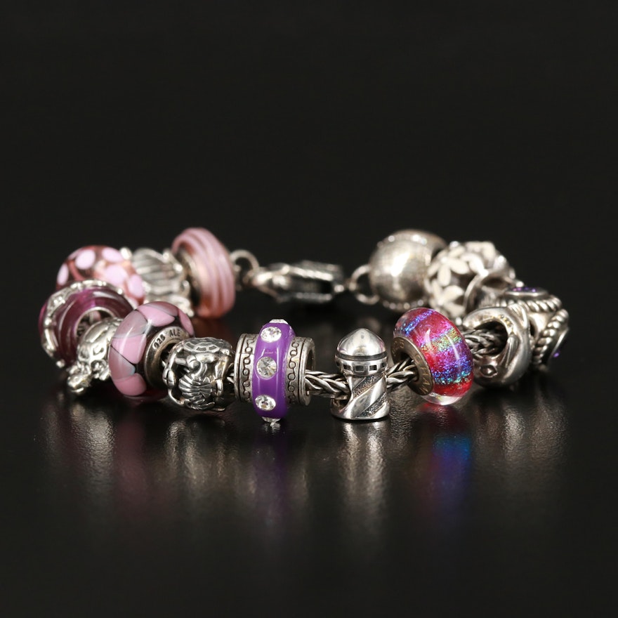 Sterling Charm Bracelet Featuring Pandora, Art Glass and Chamilia Charms