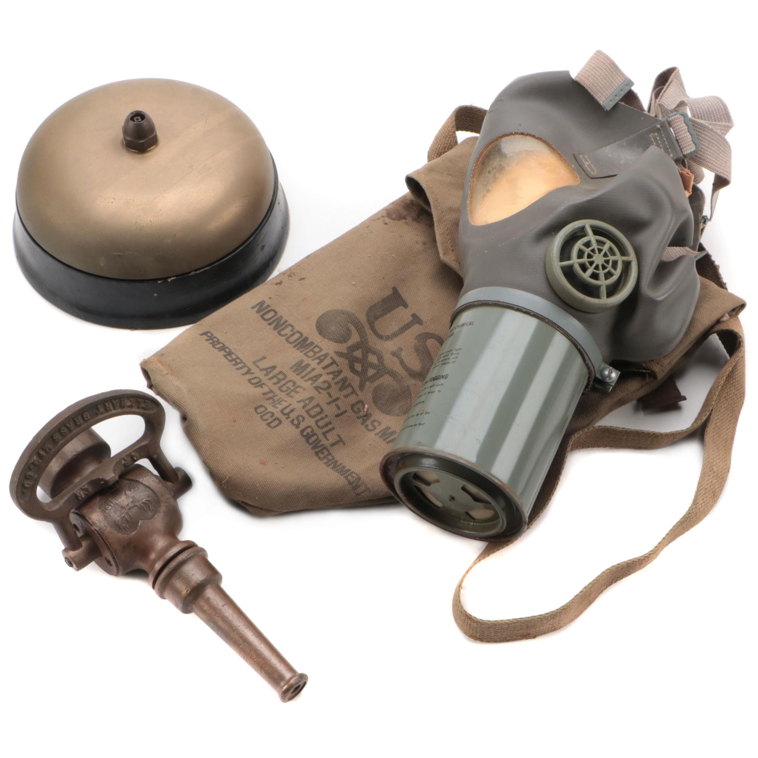 Elkhart Brass Mfg. Co Brass Nozzle, Military Noncombatant Gas Mask, Brass Bell