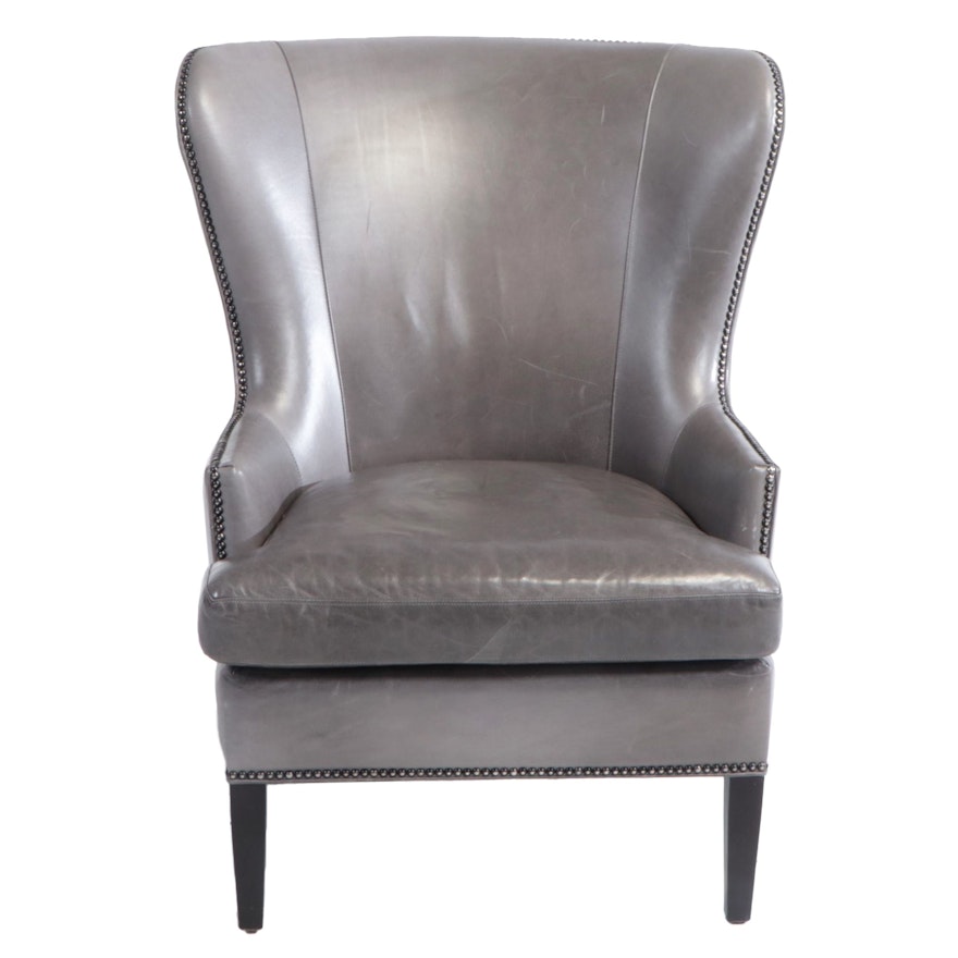 Crate & Barrel Grey Leather and Chrome-Tacked Wingback Armchair