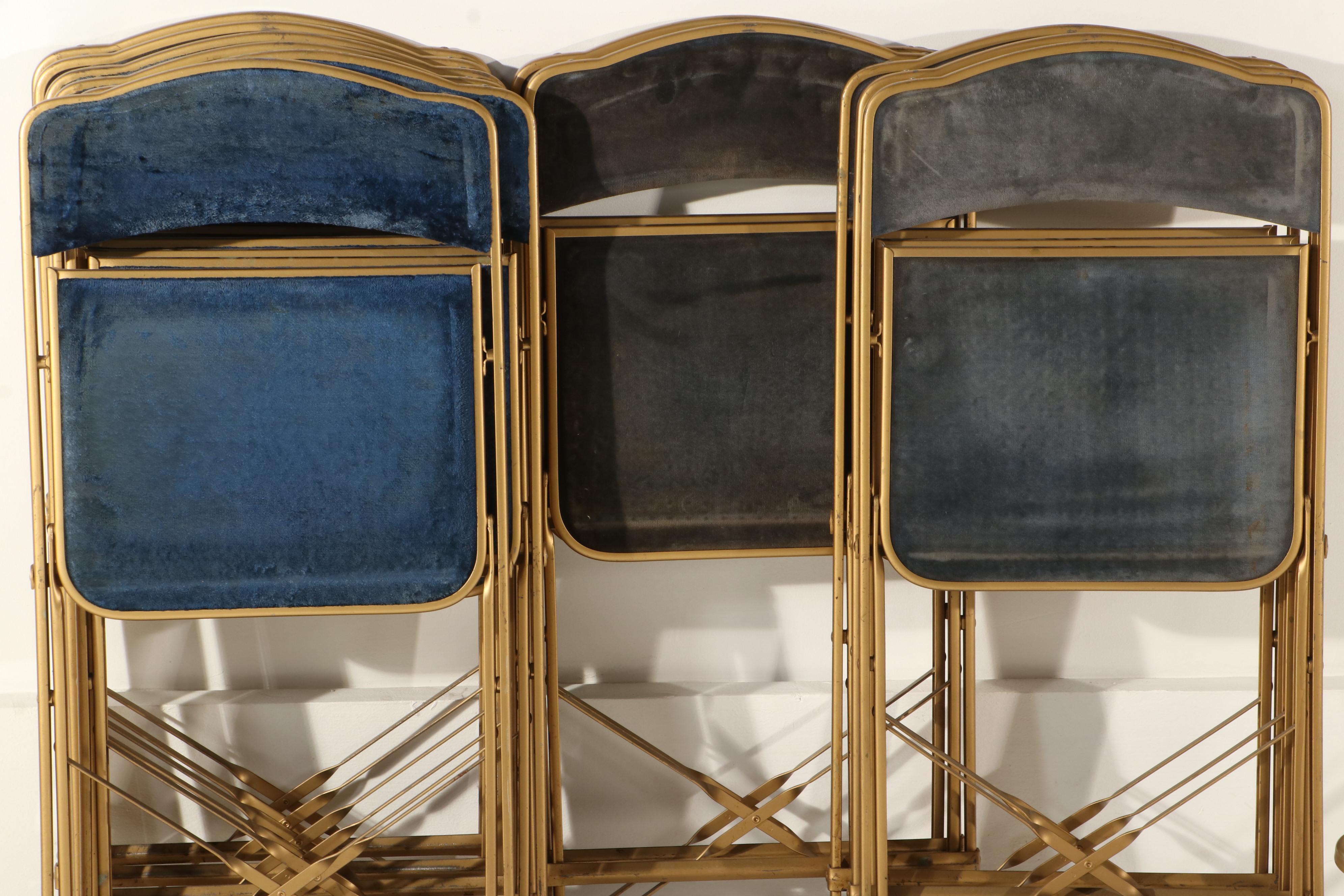 Twelve A. Fritz & Co. Gilt Metal and Velveteen Folding Chairs, Mid-20th Century