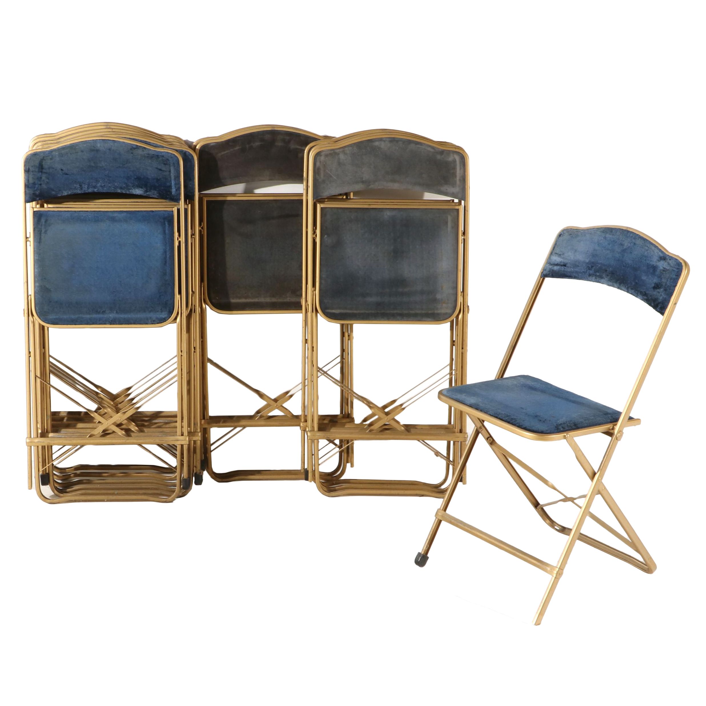 Twelve A. Fritz & Co. Gilt Metal and Velveteen Folding Chairs, Mid-20th Century