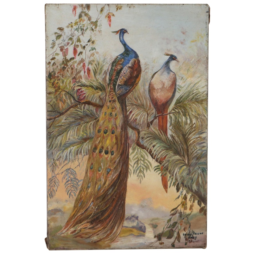 Oil Painting of Peacocks, Mid-20th Century