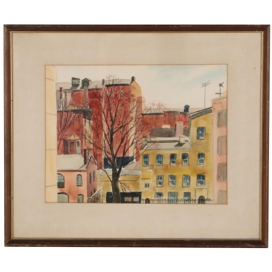 Cityscape Watercolor Painting, Mid-20th Century