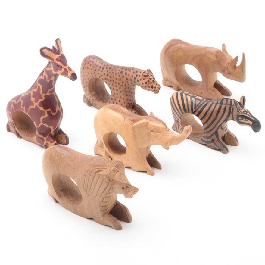 Hand-Carved Wooden Safari Animal Napkin Rings, Mid to Late 20th Century