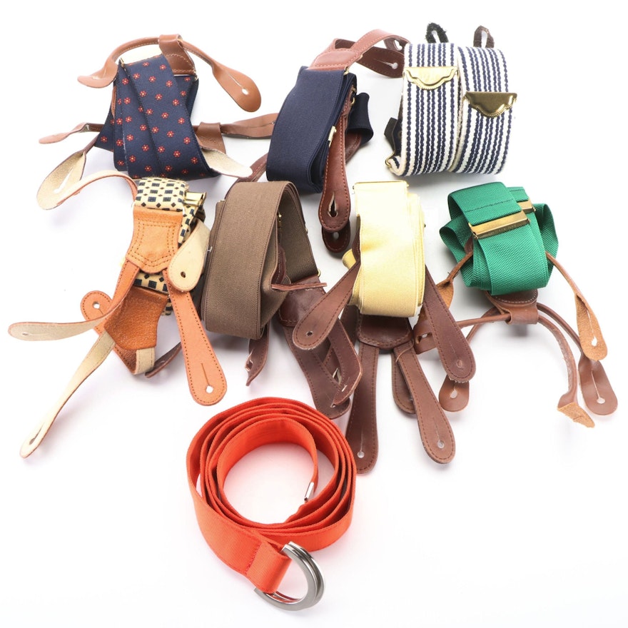 Men's Suspenders in Leather and Various Textiles and Orange Nylon Belt