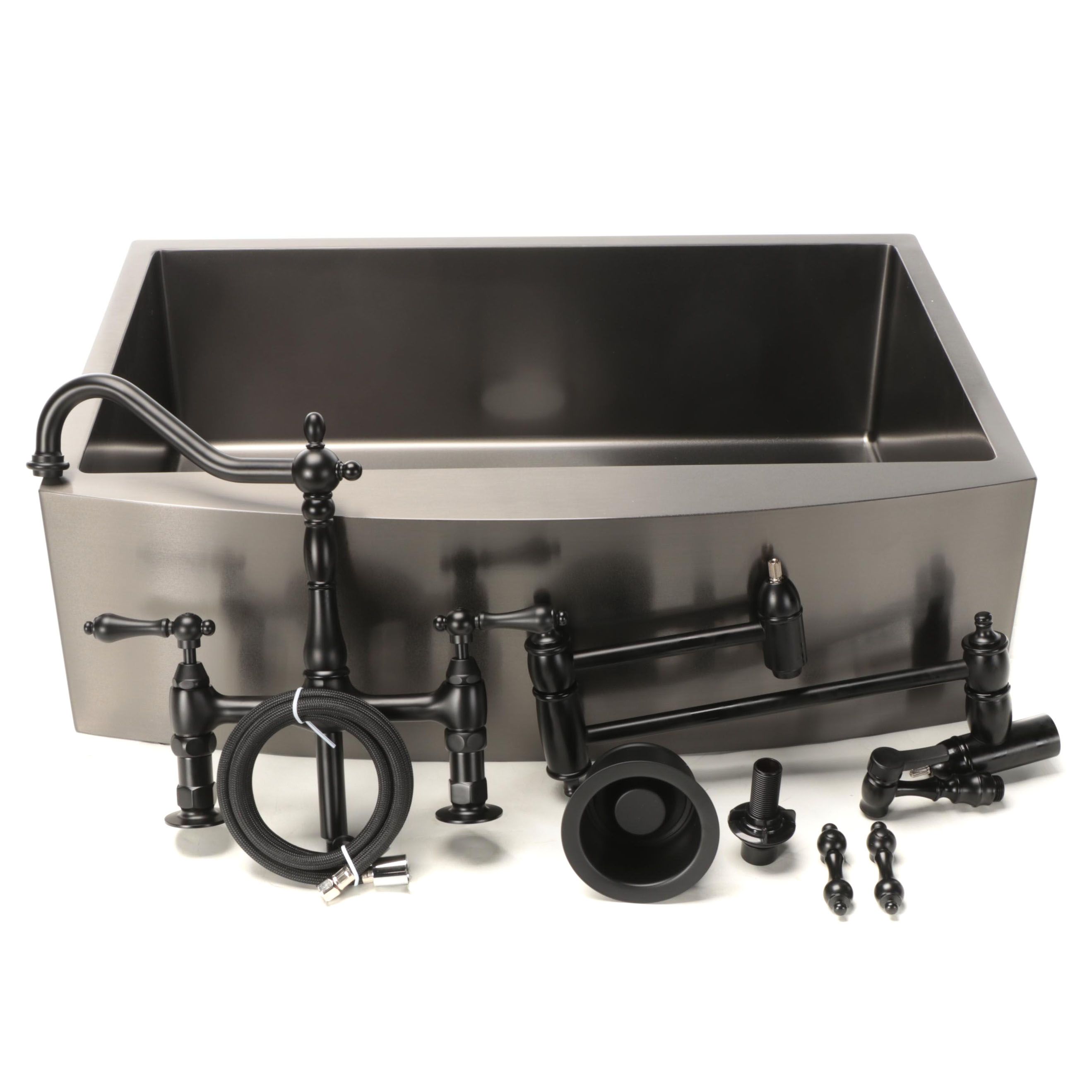 Farmhouse Sink, Kitchen Faucet, 2" Wall-Mount Coupler, Garbage Disposal Flange