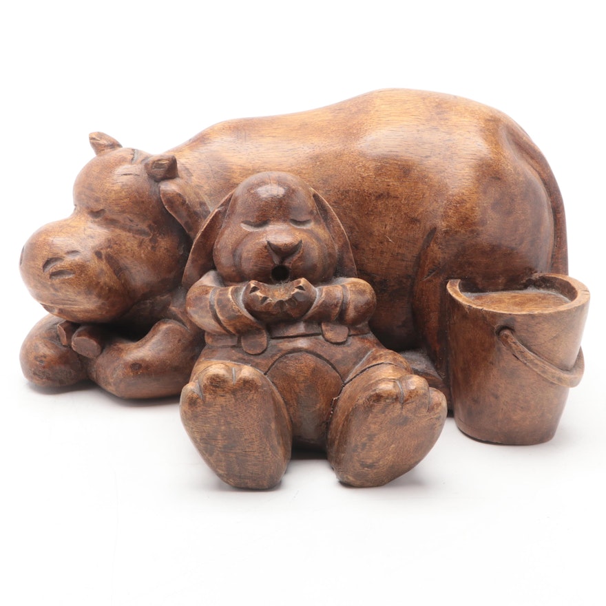 Carved Wooden Sleeping Rabbit and Hippopotamus Figure, Mid to Late 20th Century