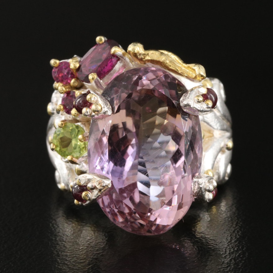 Sterling Amethyst, Peridot and Garnet Ring