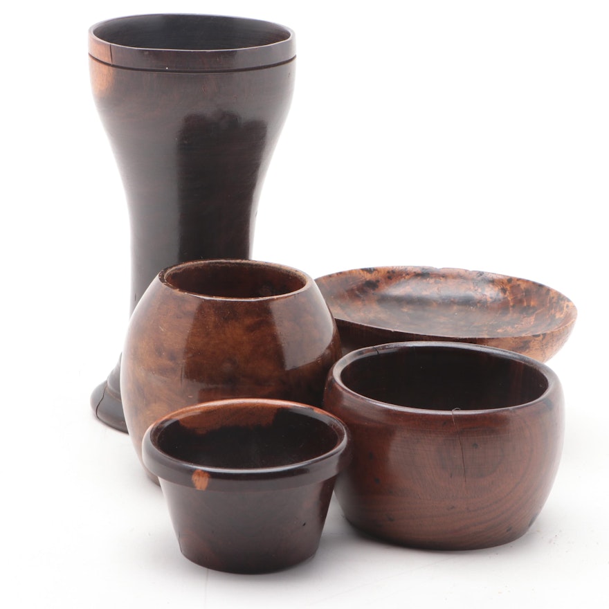 Burl Wood Footed Bowl and Other Treenware Bowls and Vases