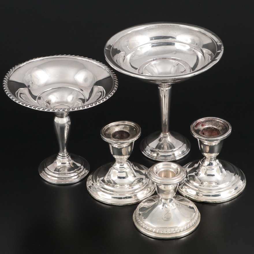 Weighted Sterling Silver Compotes and Candle Holders, Mid-20th Century