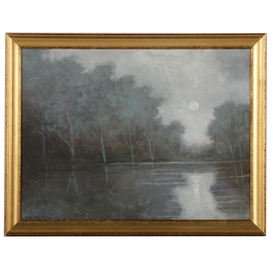 Sulmaz H. Radvand Landscape Oil Painting of Moonlit Lake, 2021