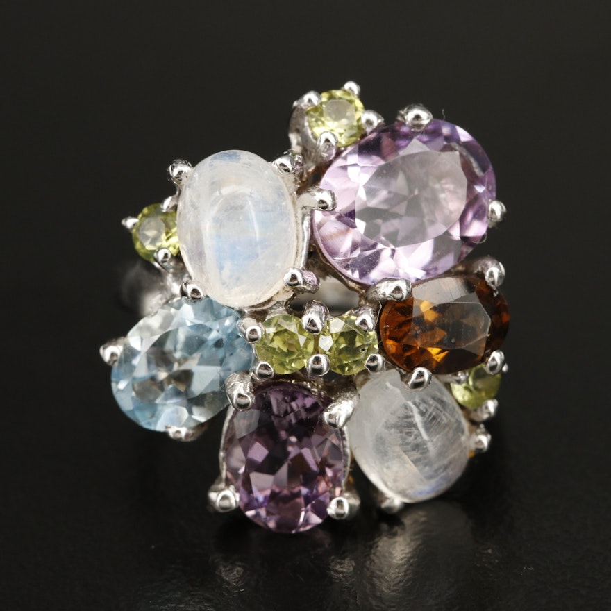 Sterling Amethyst, Rainbow Moonstone and Topaz Ring