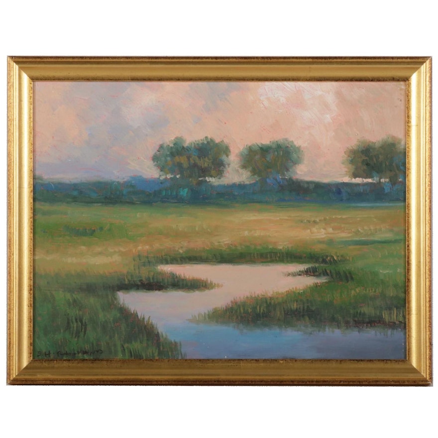 Sulmaz H. Radvand Landscape Oil Painting of Pink Sky Over Marsh, 21st Century