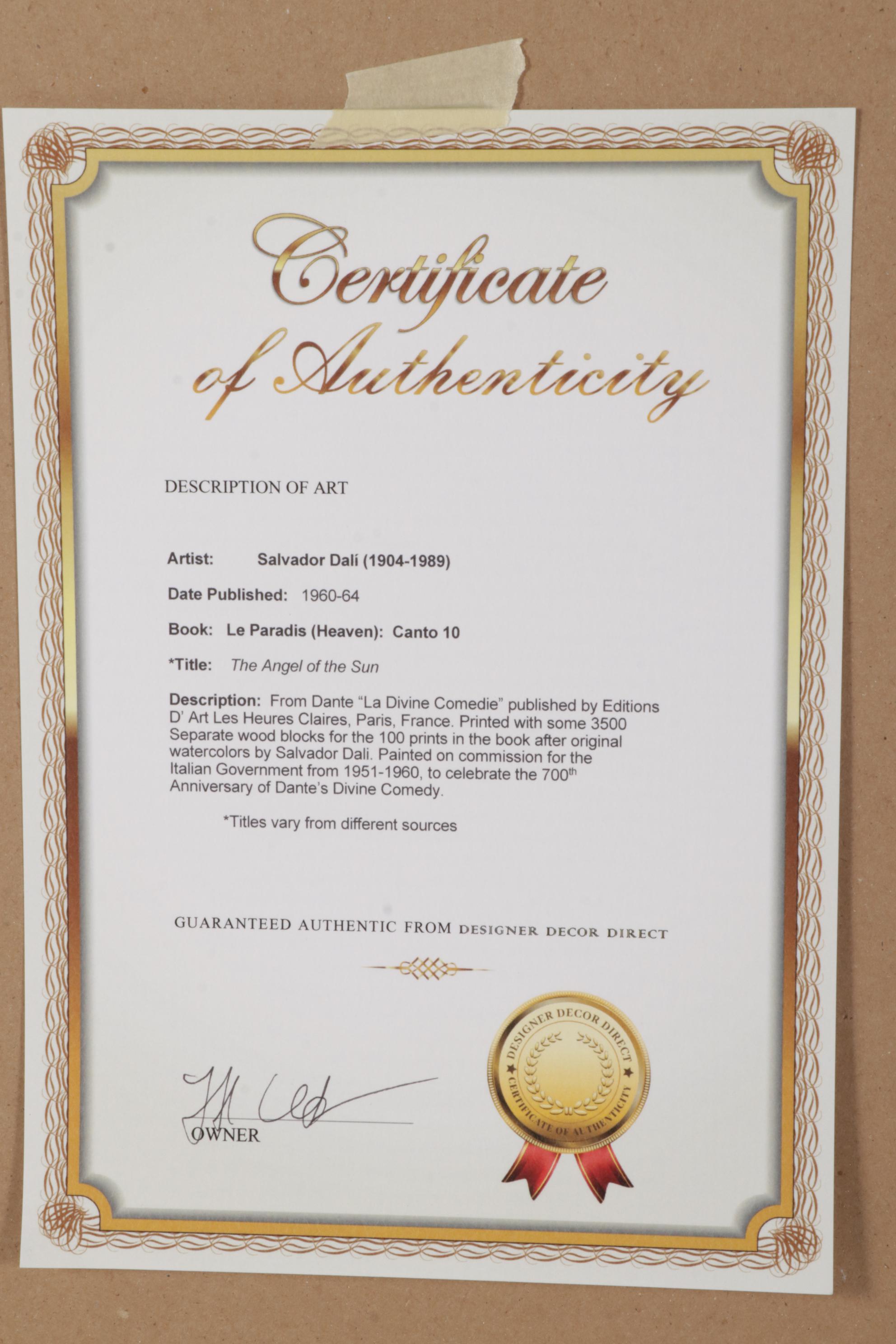 Salvador Dalí Wood Engraving "L’ange du soleil"