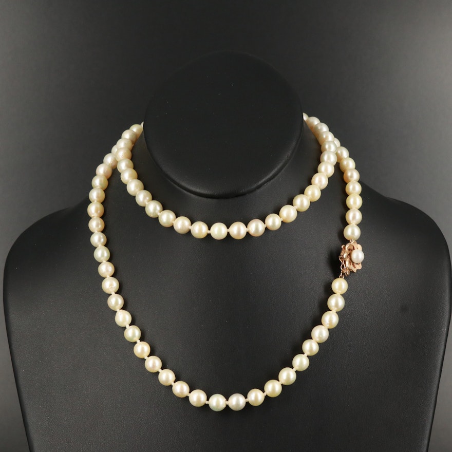 Pearl Necklace with 14K Floral Clasp