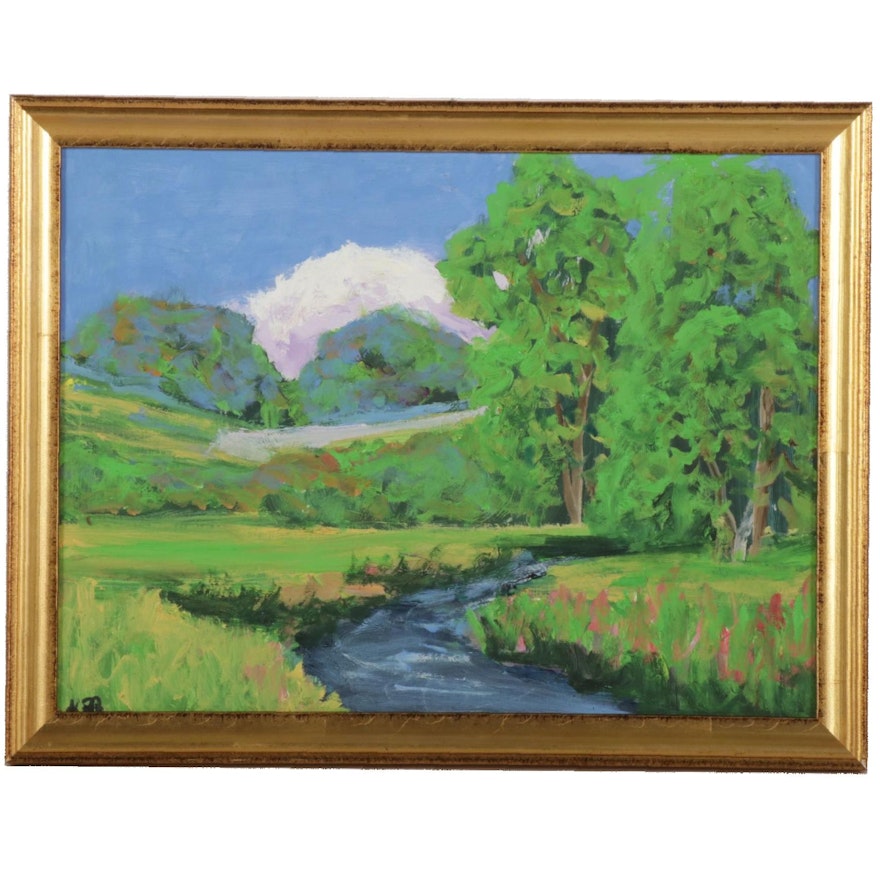 Kenneth R. Burnside Landscape Oil Painting of Hillside Creek, 21st Century