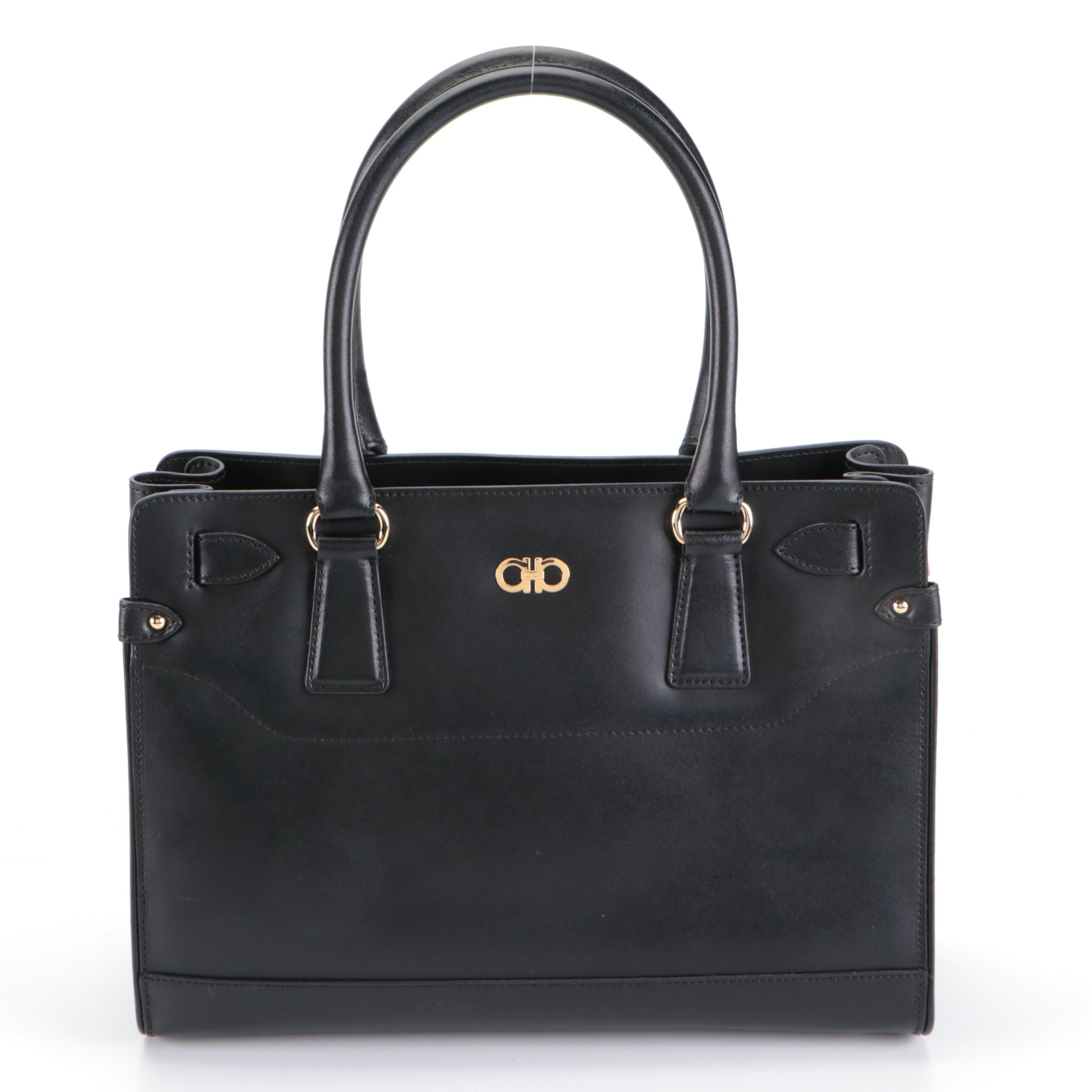Salvatore Ferragamo Briana Small Tote in Black Smooth Leather