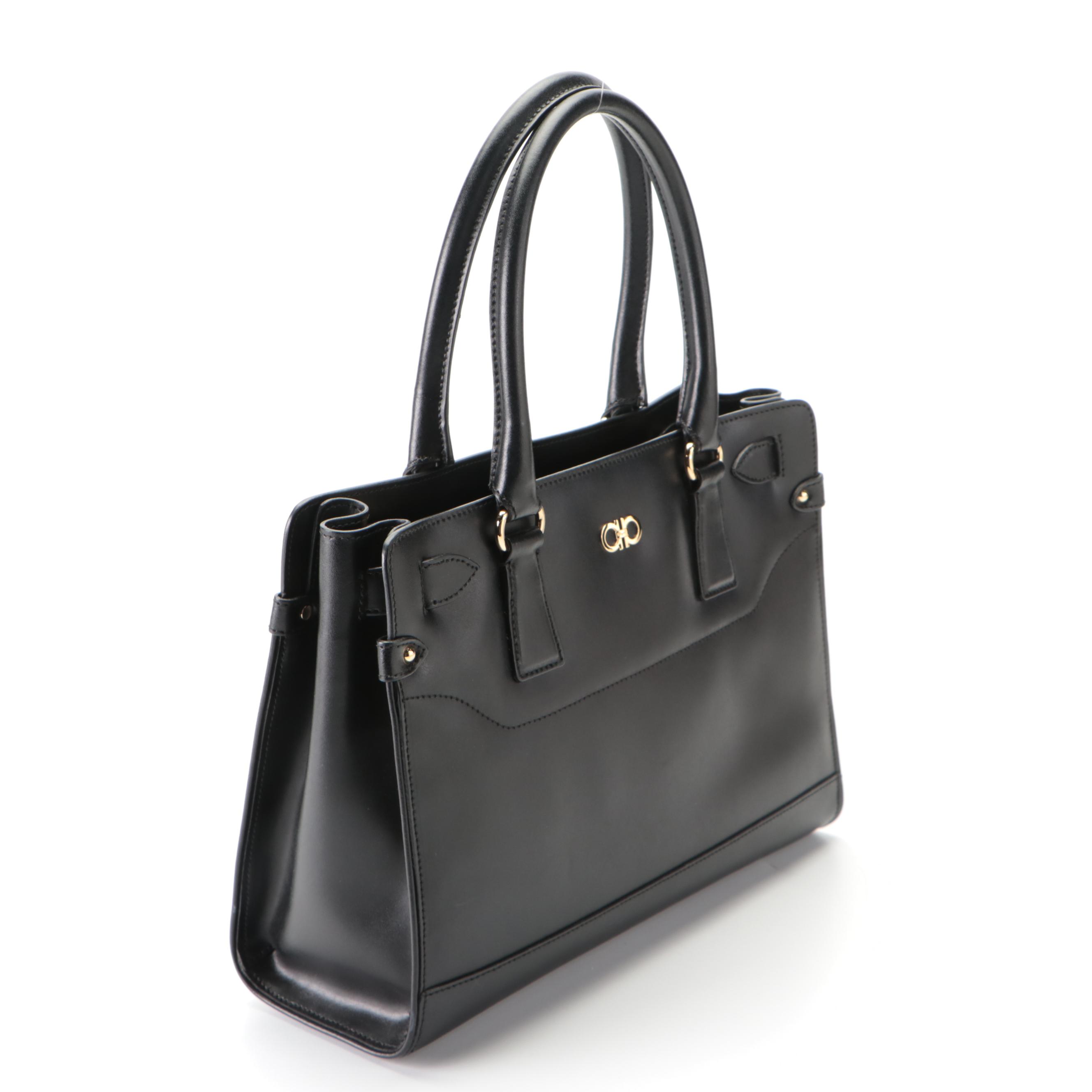 Salvatore Ferragamo Briana Small Tote in Black Smooth Leather