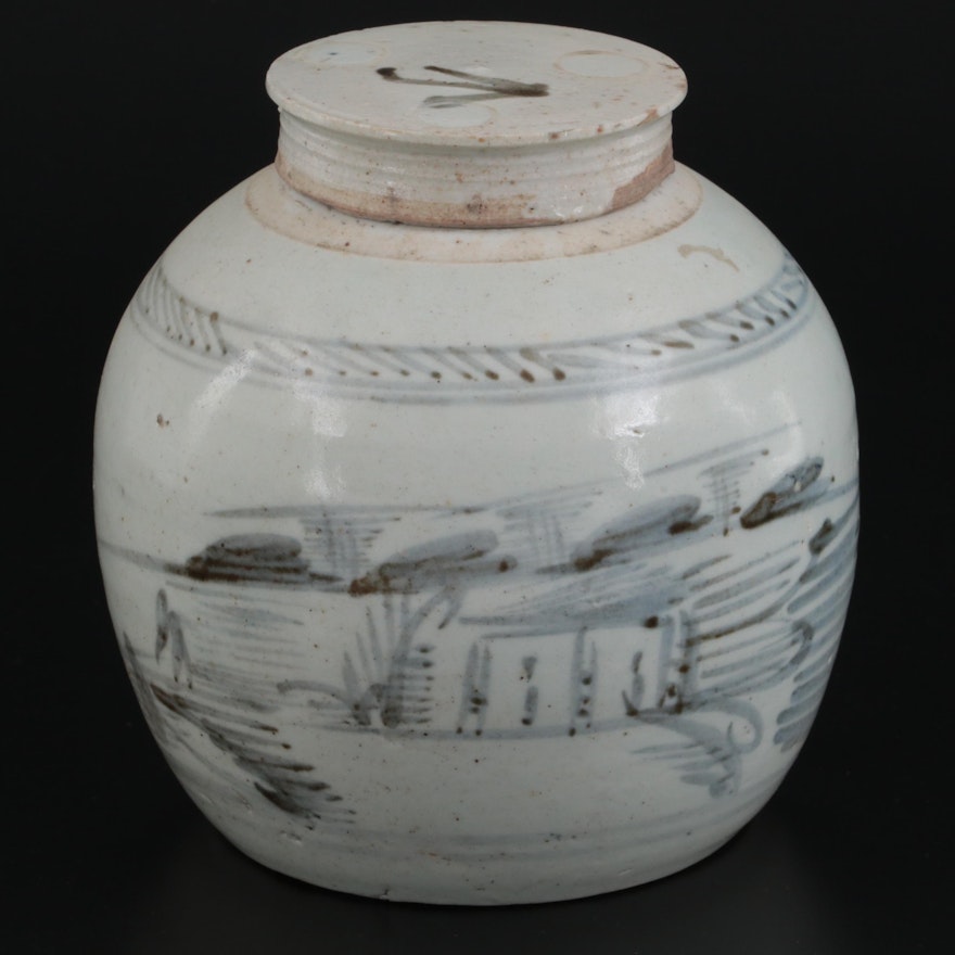 Chinese Hand-Painted Stoneware Ginger Jar, 20th Century