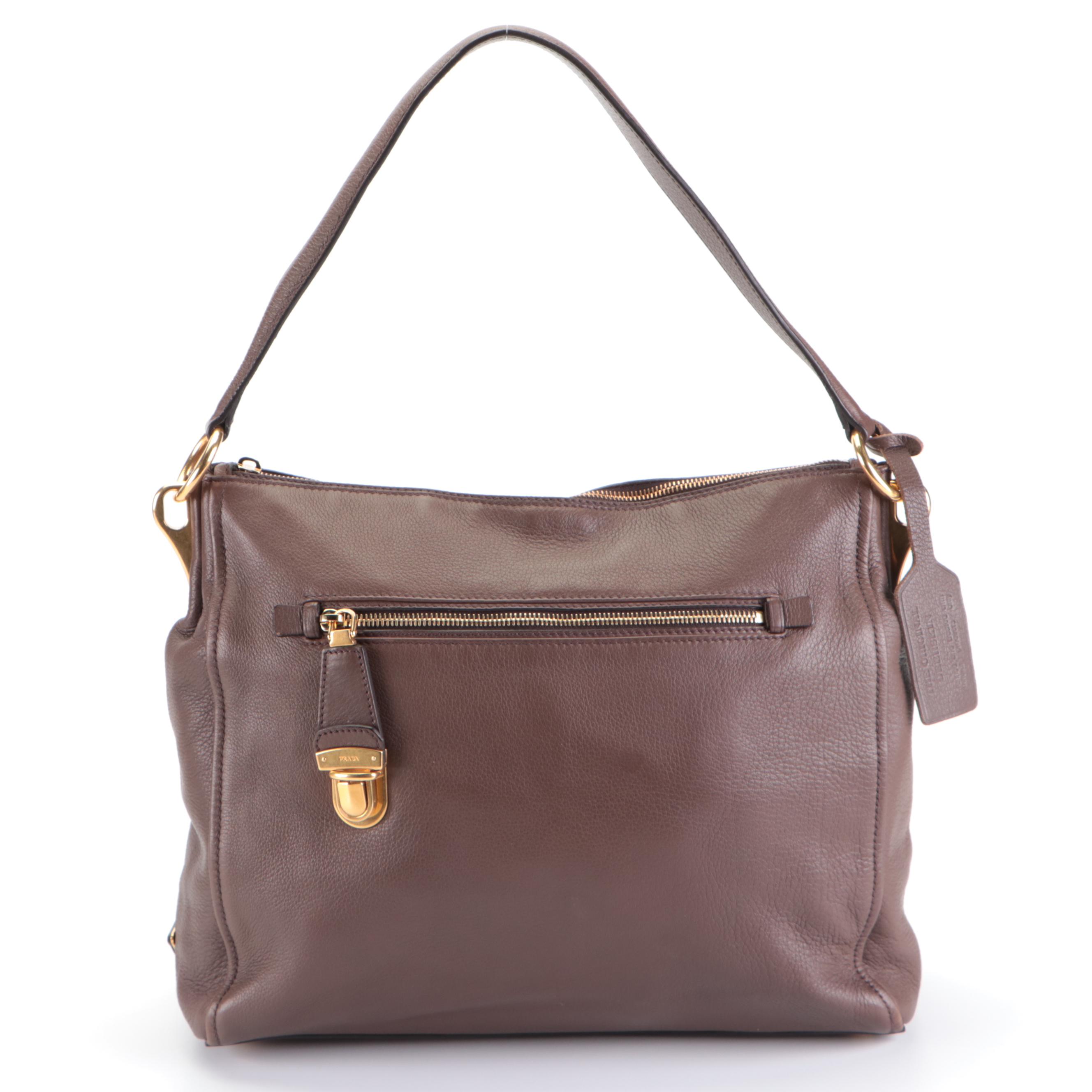 Prada Push-Lock Zip Medium Shoulder Bag in Dark Brown Deerskin Leather