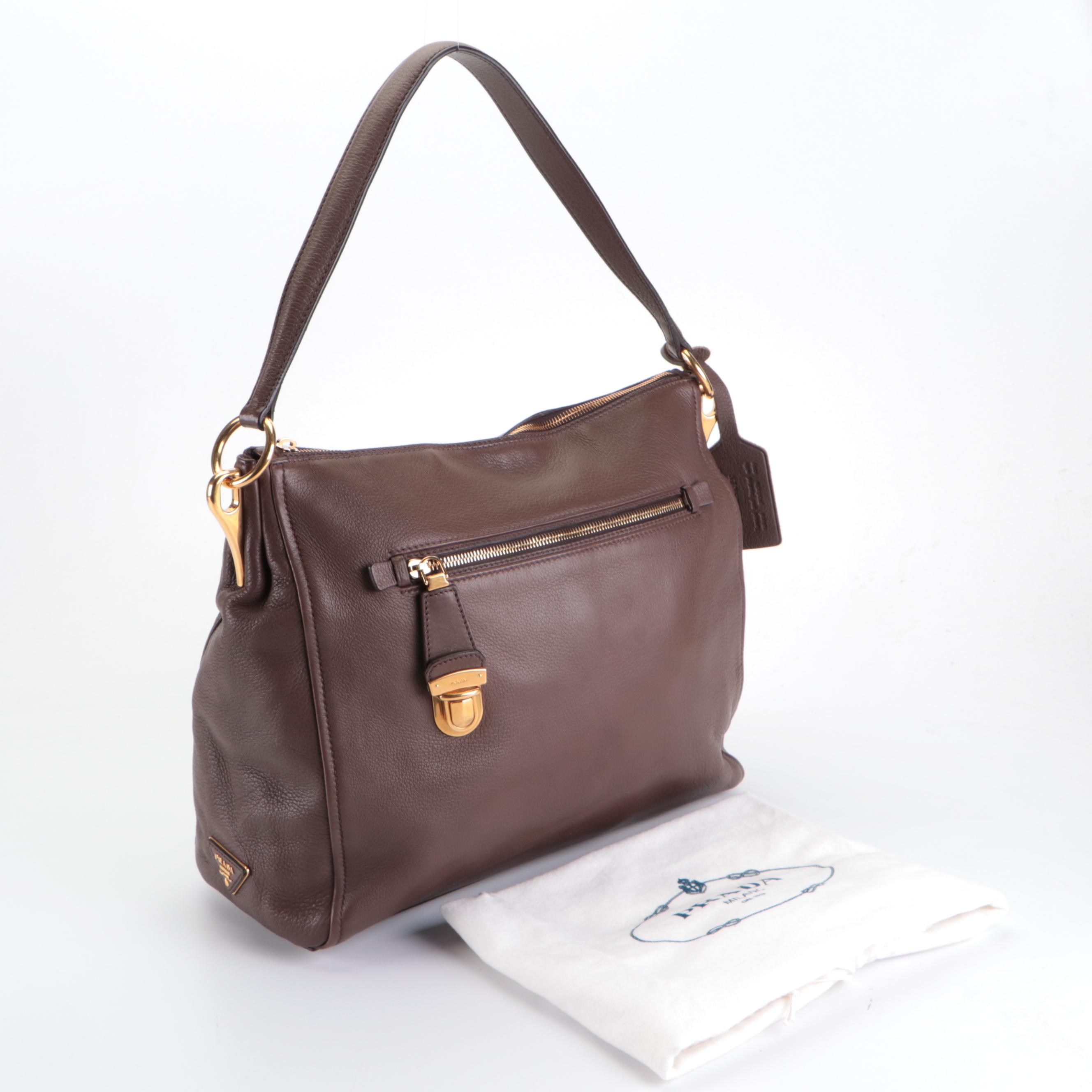 Prada Push-Lock Zip Medium Shoulder Bag in Dark Brown Deerskin Leather