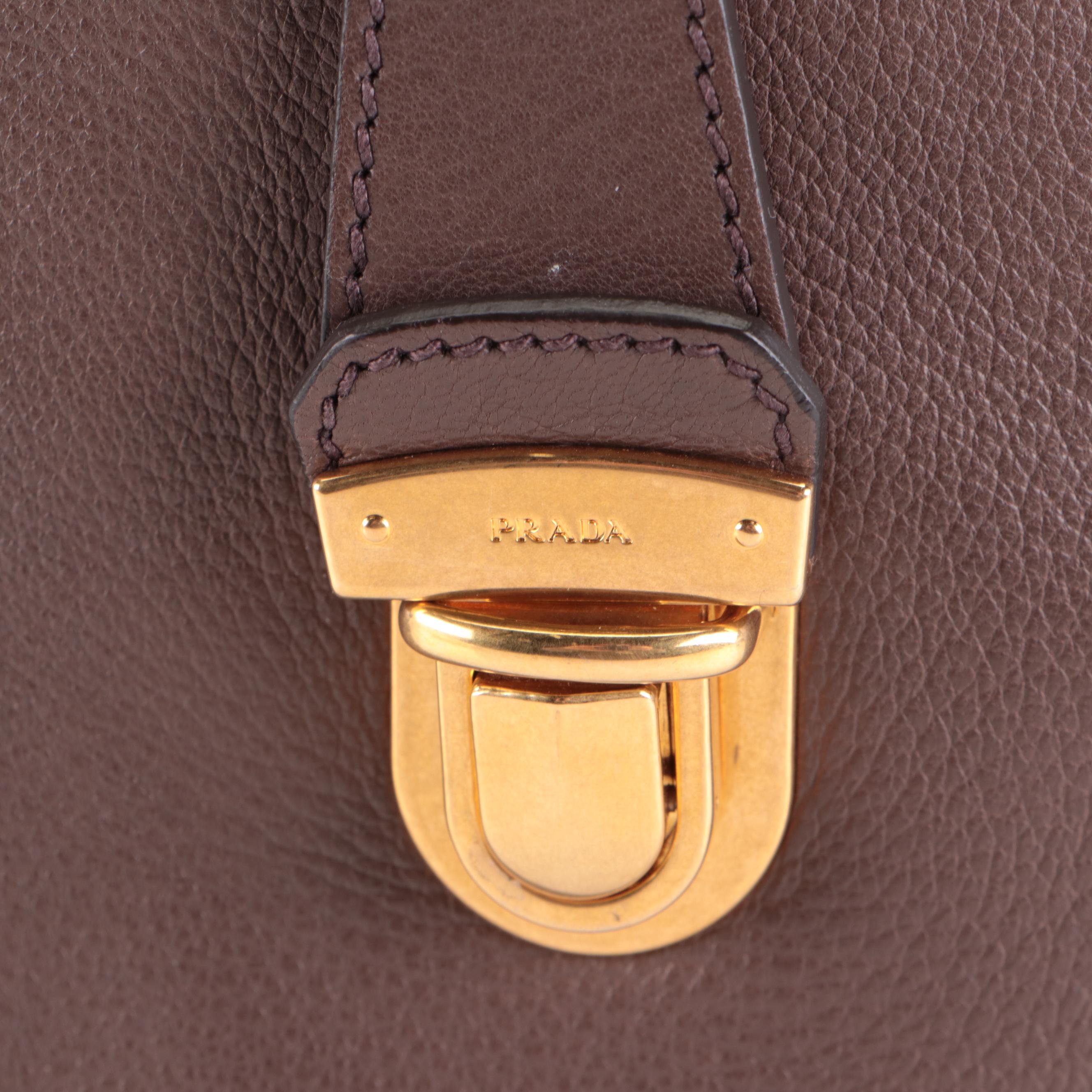 Prada Push-Lock Zip Medium Shoulder Bag in Dark Brown Deerskin Leather