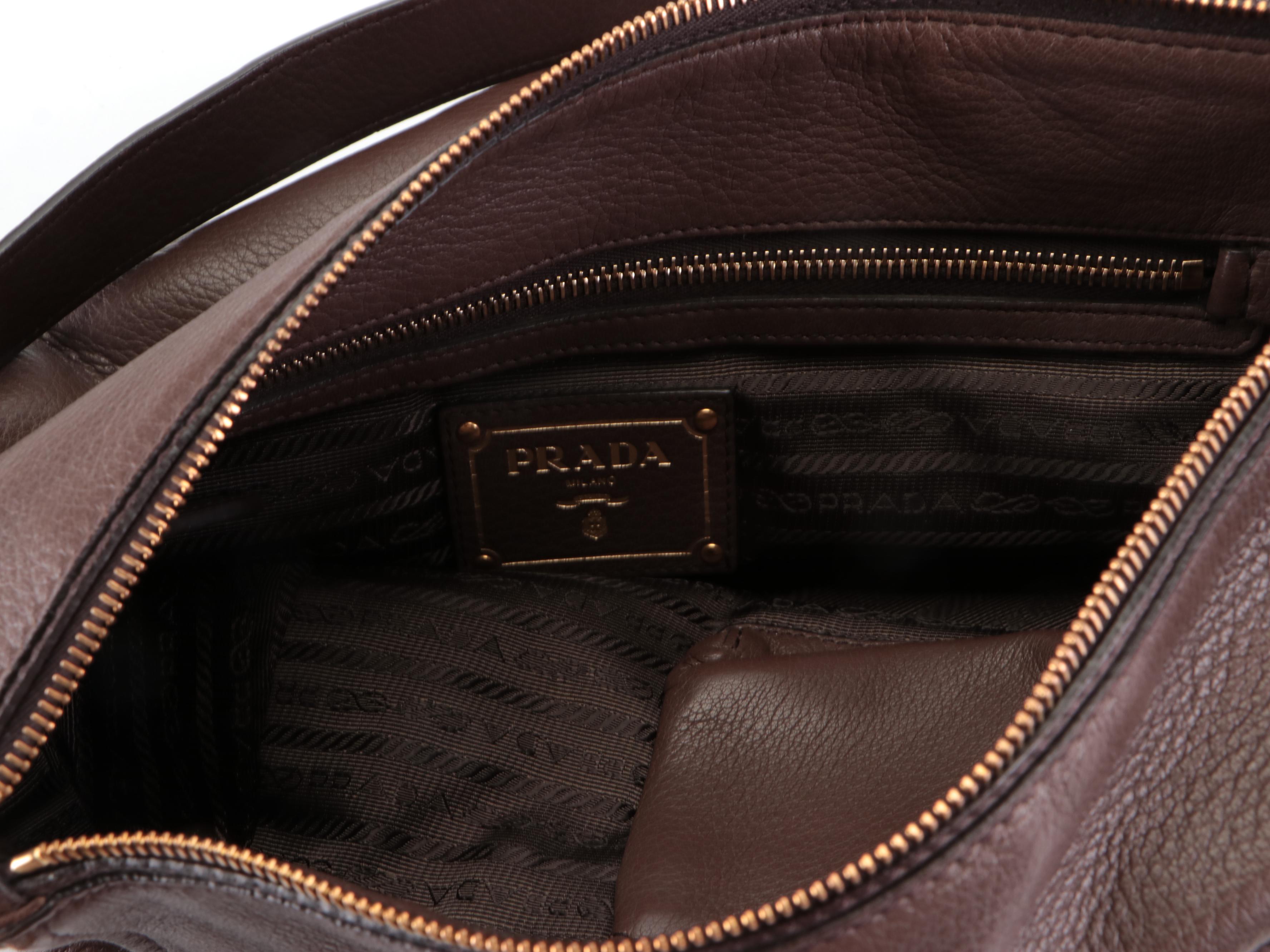 Prada Push-Lock Zip Medium Shoulder Bag in Dark Brown Deerskin Leather