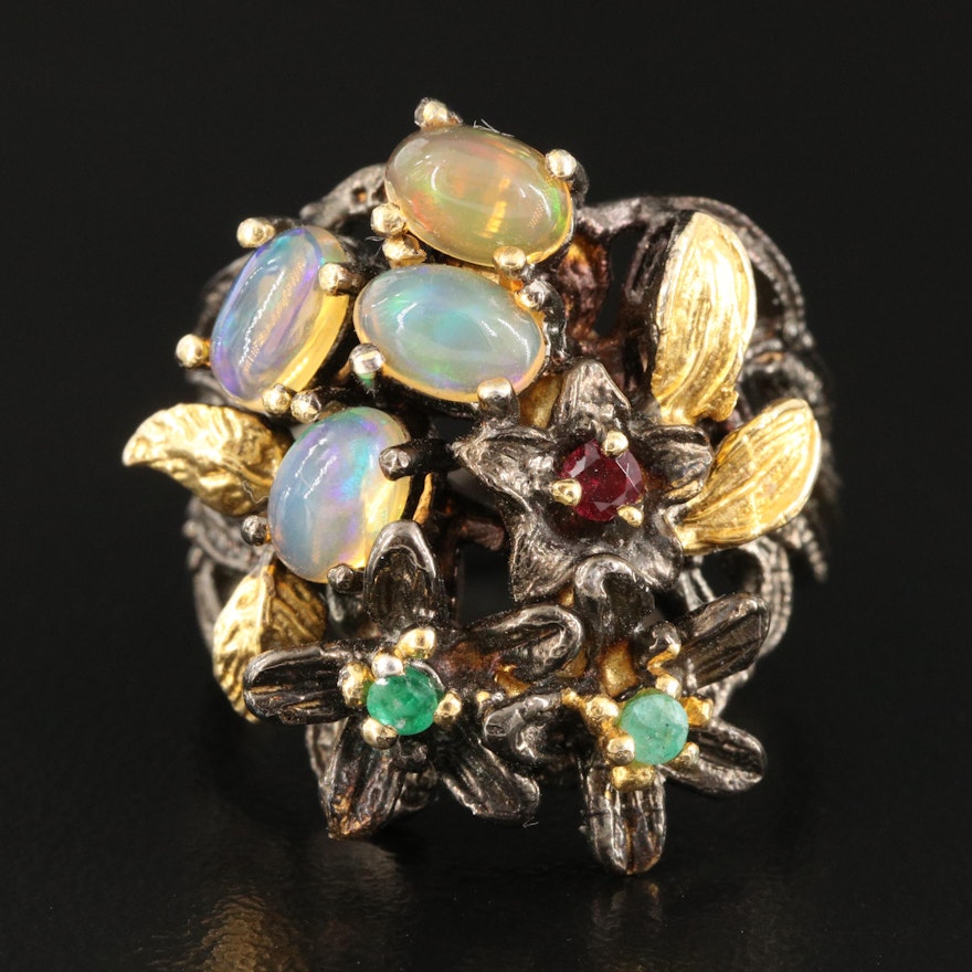 Sterling Opal, Garnet and Emerald Floral Ring