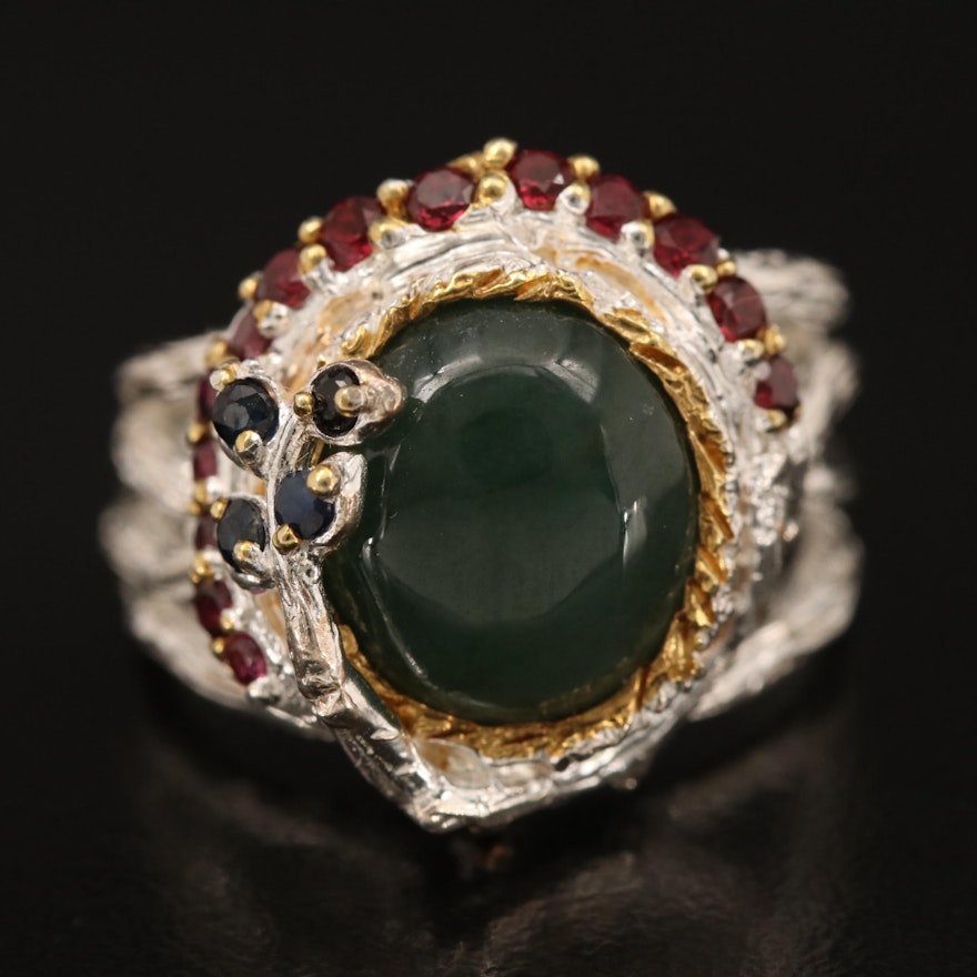 Sterling Sapphire, Garnet and Nephrite Biomorphic Ring